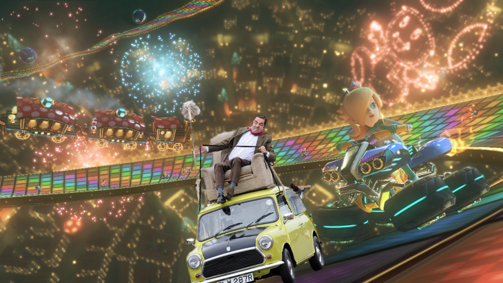 Photoshop de Mr. Bean en su carro en la senda arcoiris del Mario Kart 8 
