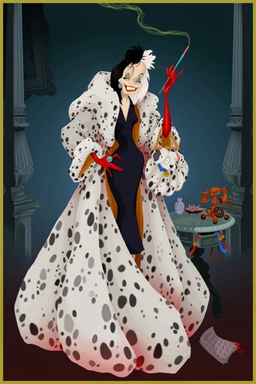 Ilustración de Cruella de Vil por Justin Turrentine en su serie final feliz 