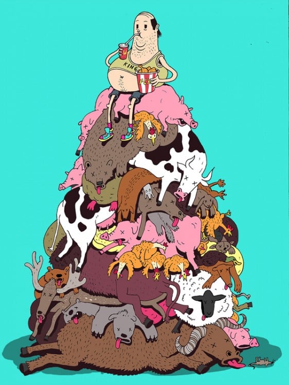 Ilustración de Steve Cutts de una persona sobre los cuerpos amontonados de muchos animales 