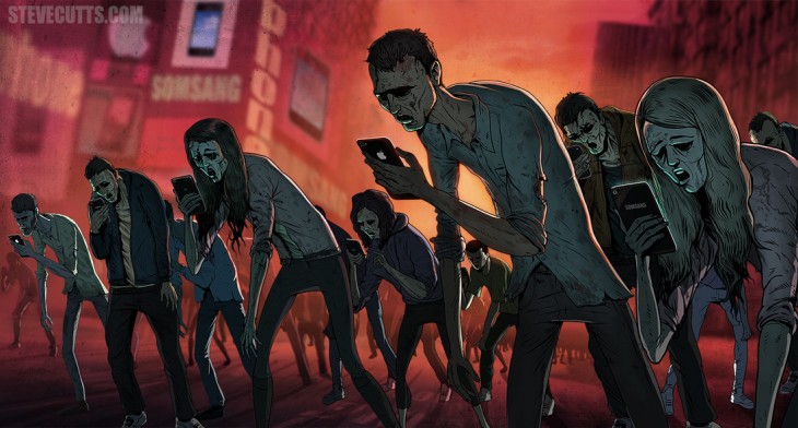 Personas que parecen zombies con celulares en sus manos, ilustración por Steve Cutts 