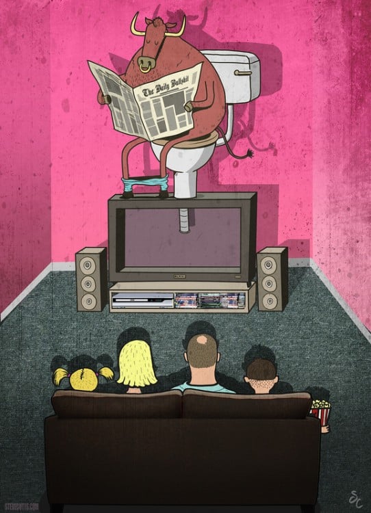 Steve Cutts ilustra a una familia mirando la televisión con un toro en la parte superior 