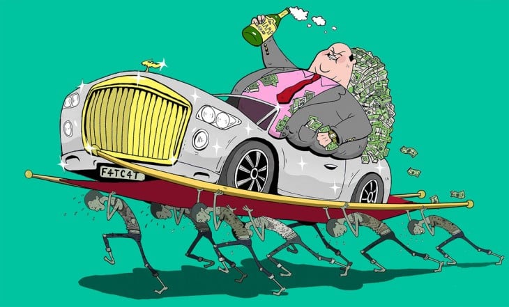 Steve Cutts ilustra un hombre millonario siendo cargado por algunas personas 