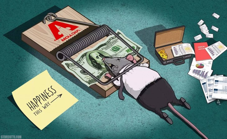 Steve Cutts ilustra una rata muerta sobre una ratonera con un maletín y papeles a su alrededor 