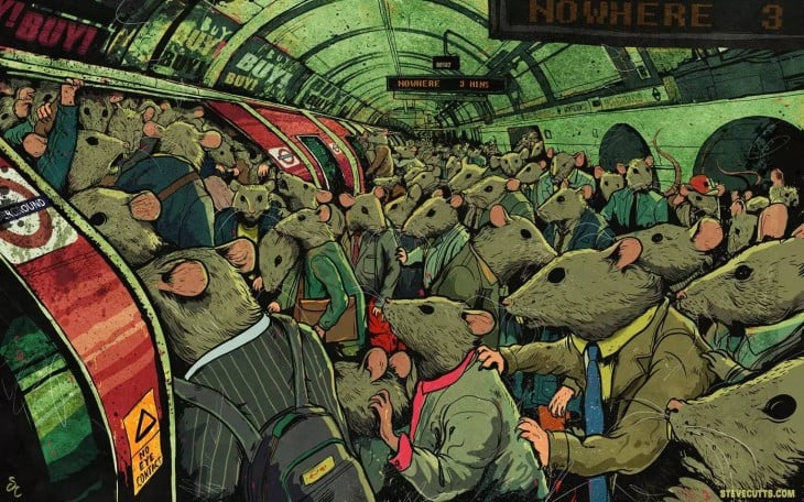 Steve Cutts ilustra muchos ratones subiendo a un metro 