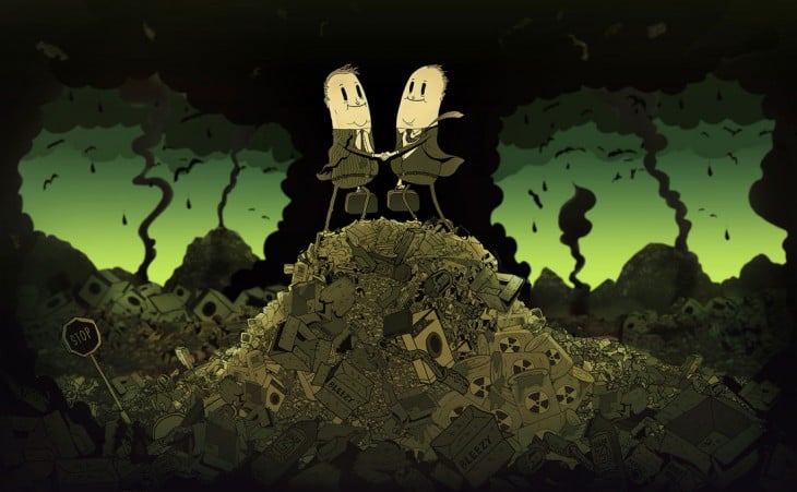 Ilustración de Steve Cutts de dos empresarios sobre una montaña de basura 