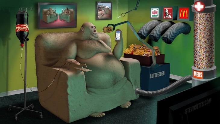 Ilustración de Steve Cutts de una persona sentada en un sillón rodeado de hamburguesas y coca cola 