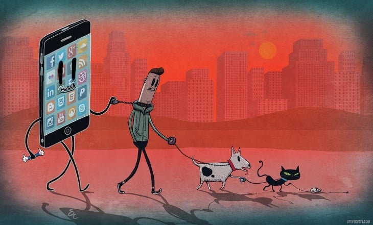 Steve Cutts ilustra un celular llevando con una cadena a una persona 