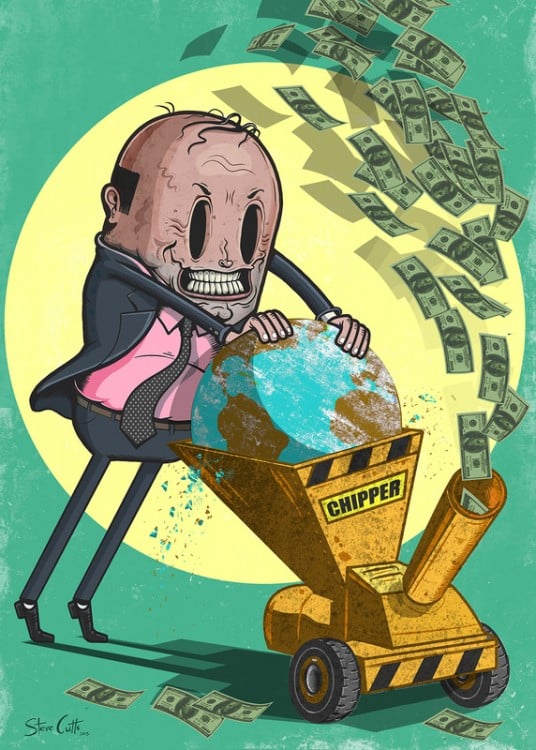 Ilustración por Steve Cutts de una persona metiendo al mundo en una demoledora de basura 