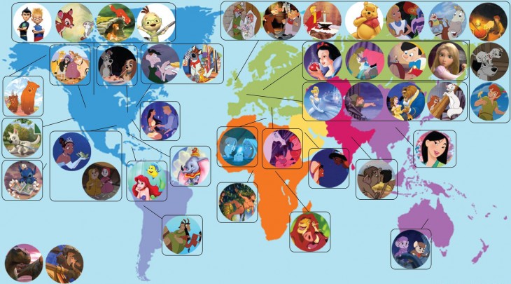 mapa donde se ubican los personajes de disney geograficamentne