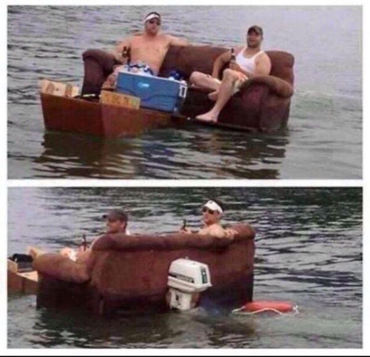 HOMBRES QUE CONSTRUYERON UN SOFA EN BOTE DE CAMPIO