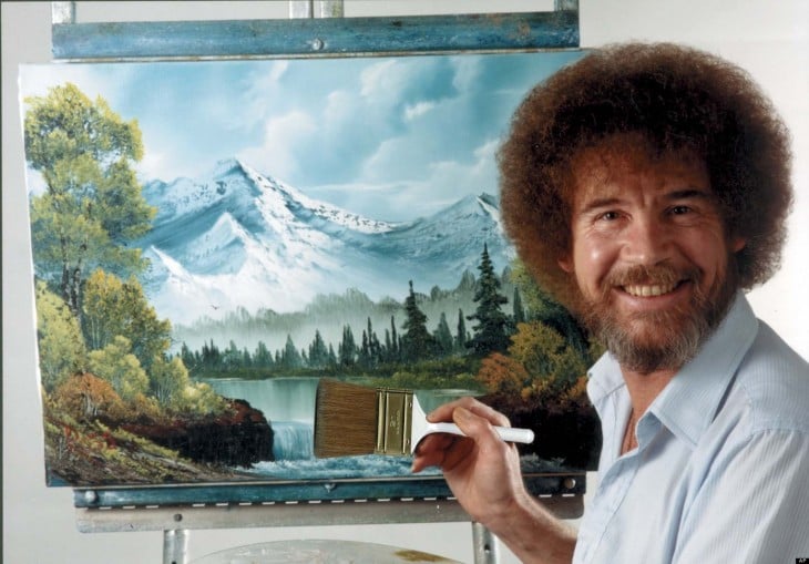 BOB ROSS PINTANDO UN CUADRO MIENTRAS LE TOMAN LA FOTO 