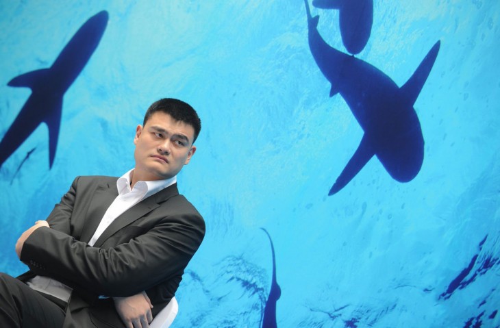 YAO MING POSANDO CON TIBURONES AL FONDO