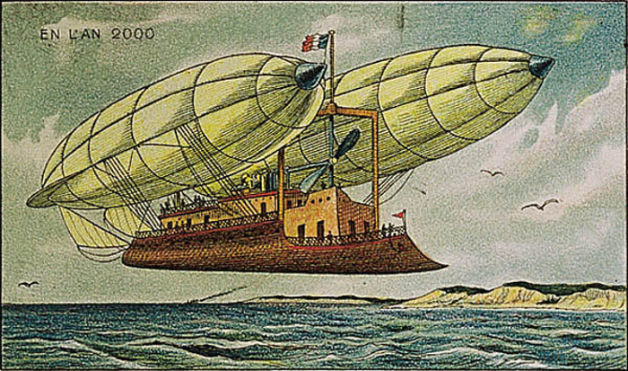 ilustración de un gran barco volando sobre el mar en Francia 2000