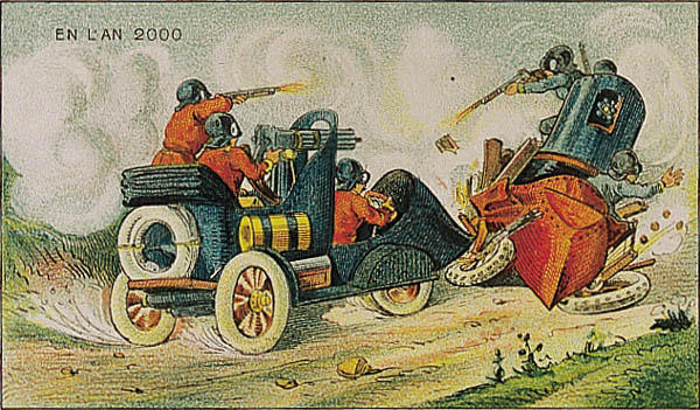 Ilustración de Francia en el 2000 de un choce de personas en sus coches 