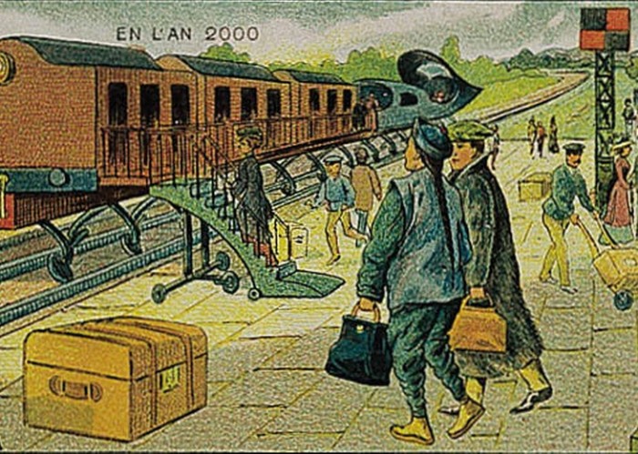 Ilustración de personas a punto de abordar un tren de Francia en el 2000