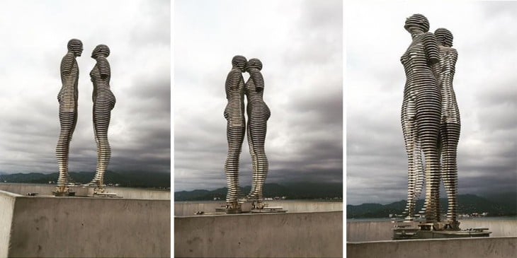 Conoce esta impactante estatua en Georgia que narra una trágica historia de amor Imagen dividida en tres partes que muestra la estatua de dos personas unidas
