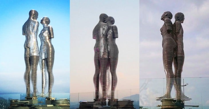 imagen dividida en tres partes que muestra la estatua de amor entre Ali y Nino en Georgia 