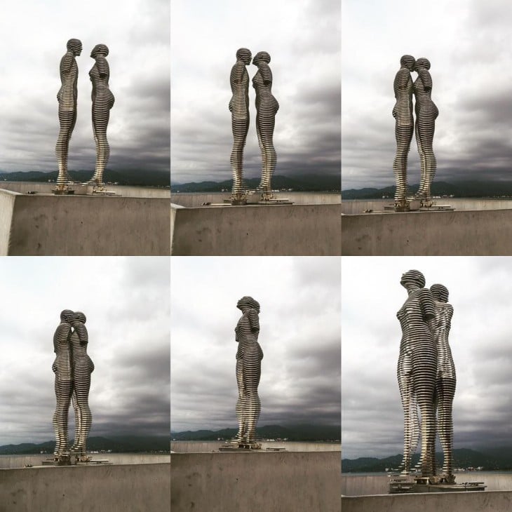 serie de seis fotos que muestran el movimiento de la estatua de amor en Georgia 