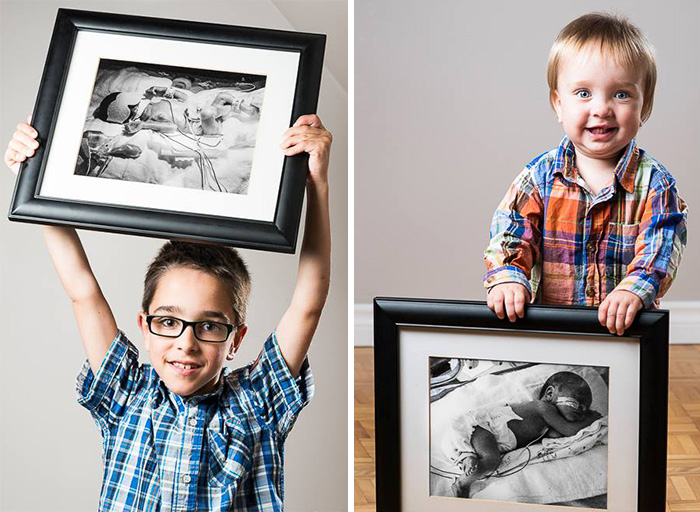 dos niños sosteniendo retratos de ellos cuando nacieron 