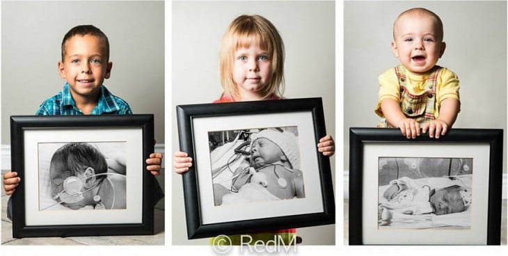 Imagen dividida en tres partes donde se ven niños sosteniendo unos retratos 
