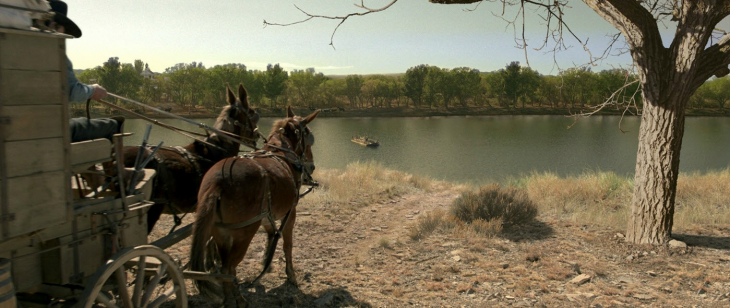 escena de una persona jalando una carreta con dos caballos en la película de The Homesman 