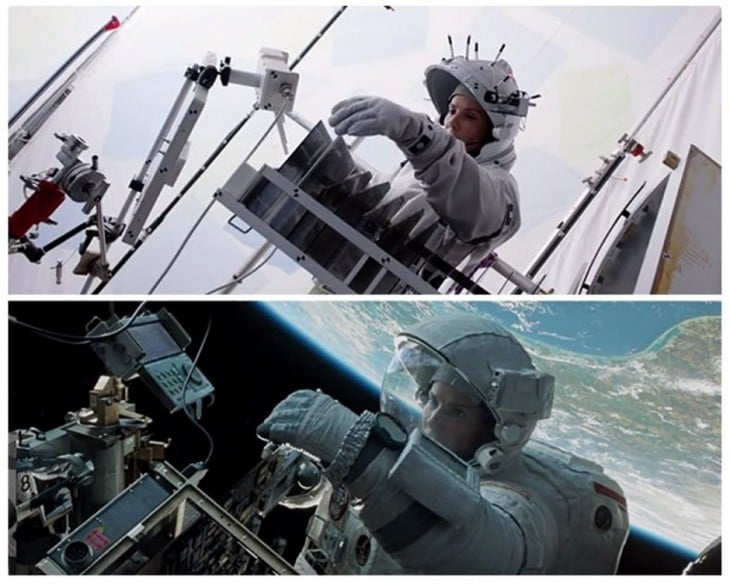 foto del antes y después de los efectos especiales en una escena de la película de Gravedad 