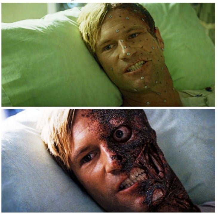 personaje de la película The Dark Night antes y después de los efectos especiales 