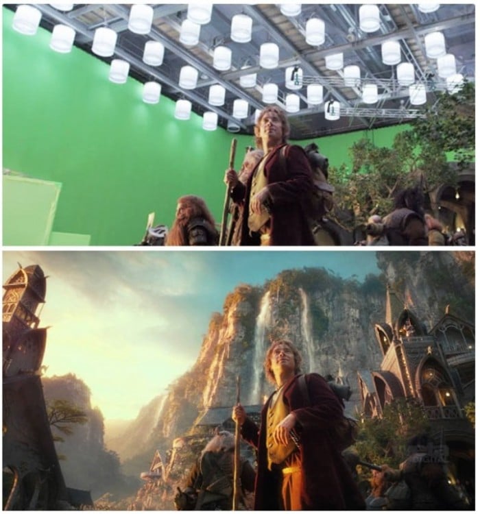 escena de la película Hobbit antes y después de los efectos especiales 