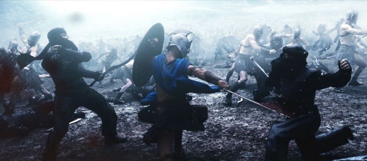 escena con efectos especiales de una pelea en la película de 300 