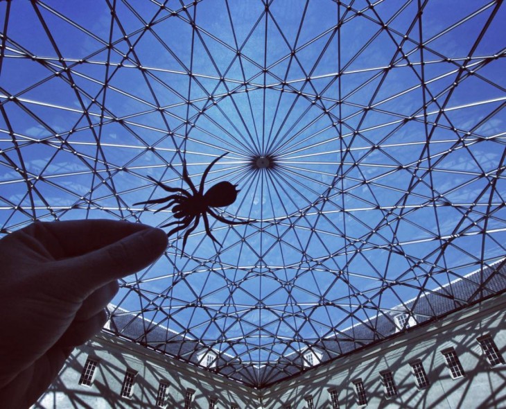 Museo Marítimo en Amsterdam con un recorte de papel de una araña que simula estarlo escalando 