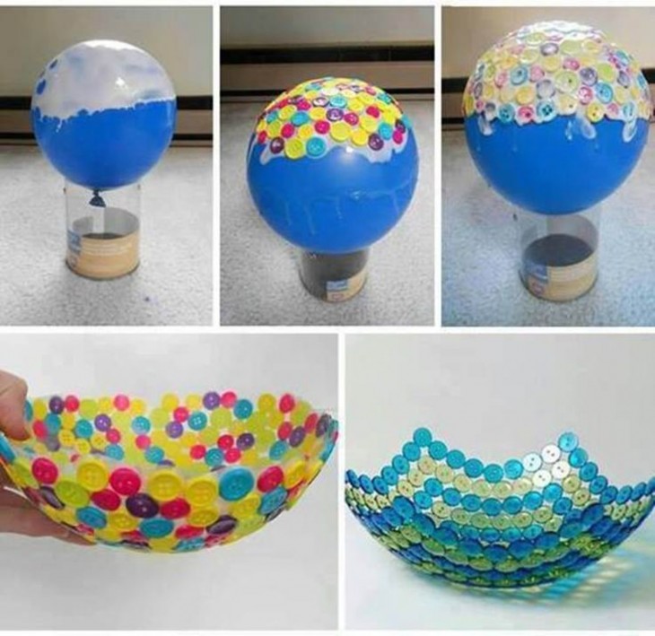 fotos que muestran los pasos para hacer un bowl con botones sobre un globo 