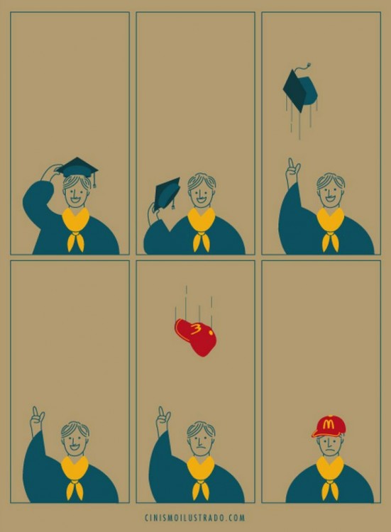 ilustración satírica de un chico graduado aventando su birrete hacia arriba 