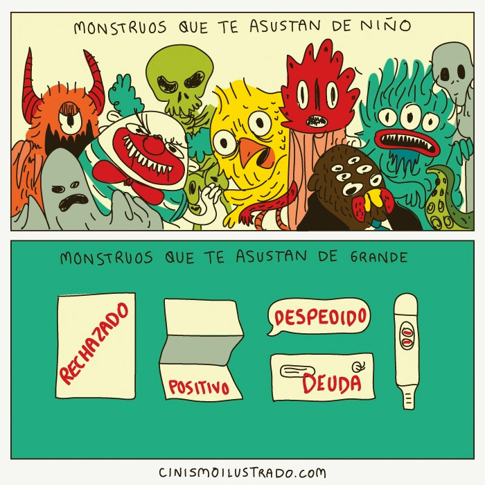 ilustración comparativa de los monstruos que le temes de niños vs a los que le temes de adulto 
