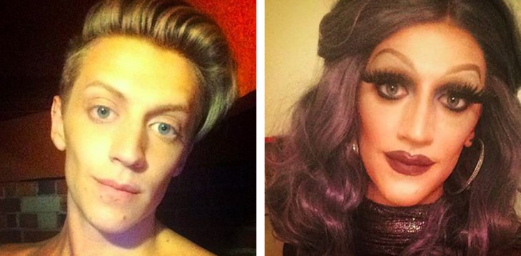 foto de la cara de un chico antes y después de vestirse como mujer 