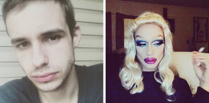 fotografía de un chico antes y después de su disfraz de Drag Queen 