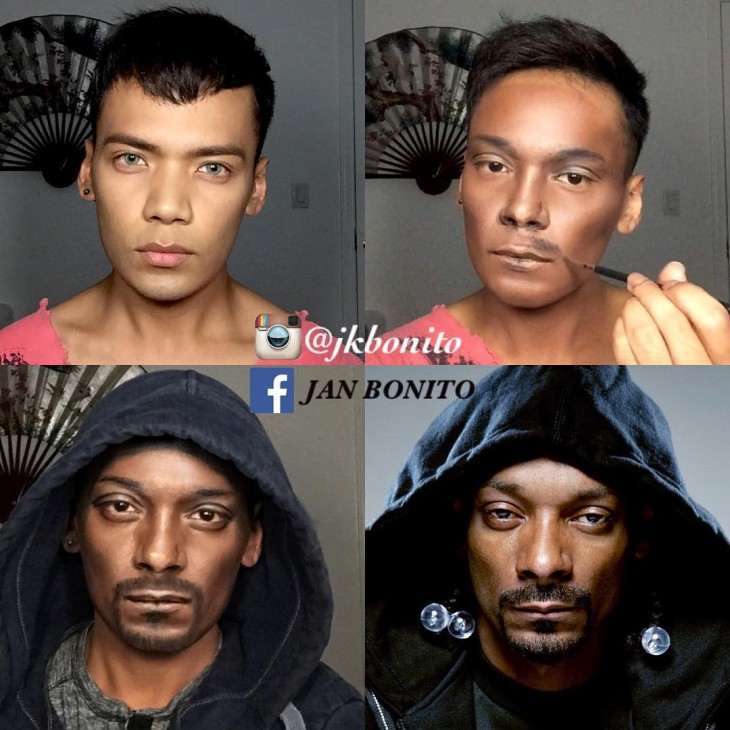 Cara de un chico que se transformo en Snoop Dogg con maquillaje 