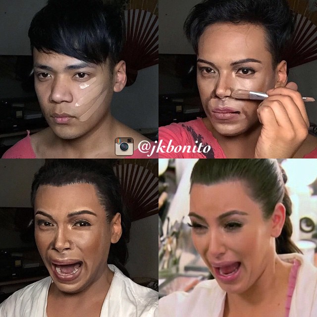 chico maquillandose para transformarse en Kim Kardashian 