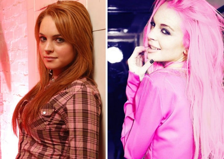 Lindsay Lohan con el cabello pelirrojo y una foto con su cabello en color rosa 