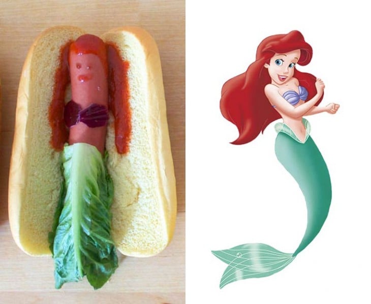 imagen de ariel la sirenita recreada en un hot dog 