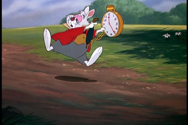 conejo de alicia en el país de las maravillas corriendo con un reloj en la mano 