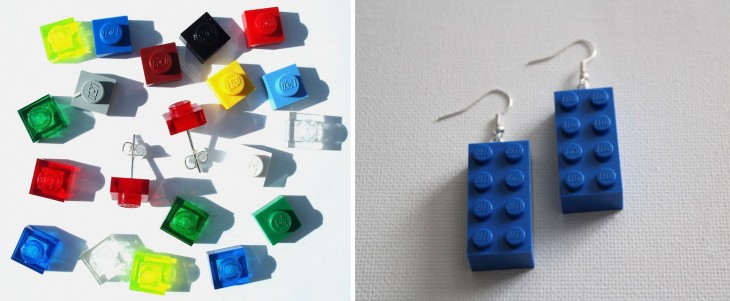 aretes hechos con piezas LEGO de diferentes tamaños 