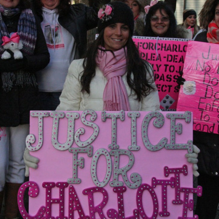 chica con una pancarta que pide justicia por charlotte una perrita 