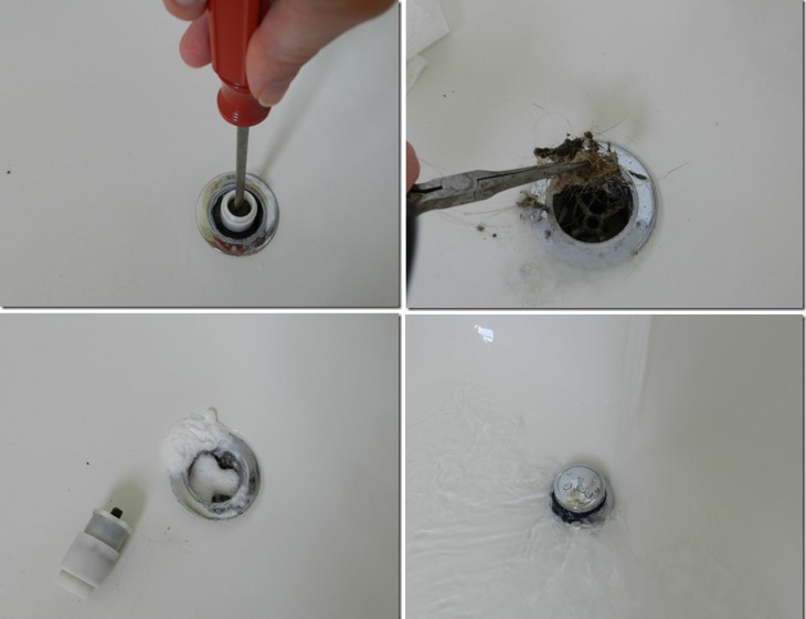 Imágenes que muestran los pasos en el proceso de la limpieza de un desagüe 