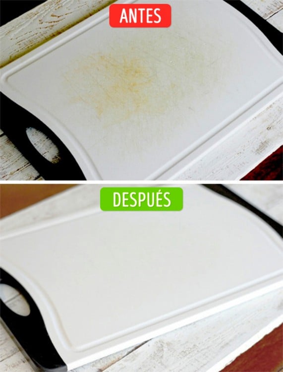 Comparación del antes y después de una tabla de picar limpia con limón y sal 