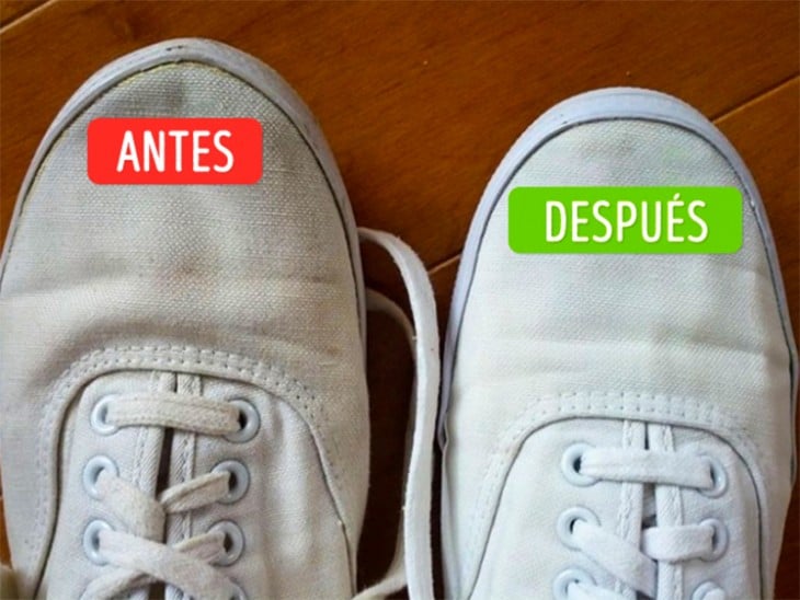 fotos del antes y después de limpiar los tenis blancos de lona 