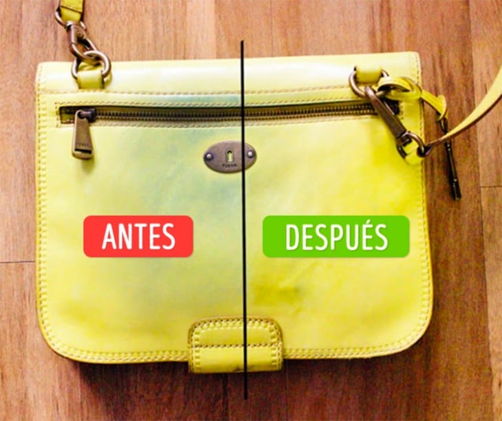 antes y después de una bolsa de piel limpia con toallitas húmedas 