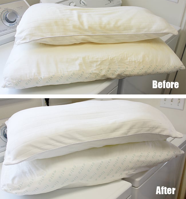 fotos del antes y después de las almohadas amarillentas 