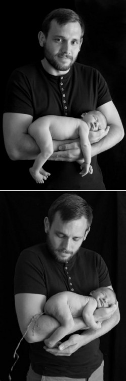 fotografía de un hombre con su bebé que se caga en su mano 