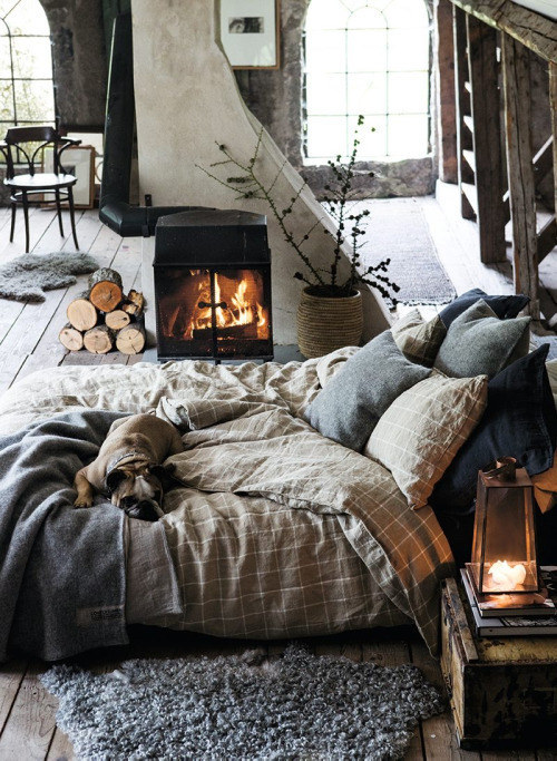 habitación rustica con muebles de madera y chimeneas con un perro acostado sobre una cama 