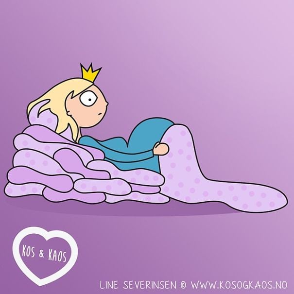 ilustración de una mujer embarazada acostada sobre muchas almohadas 